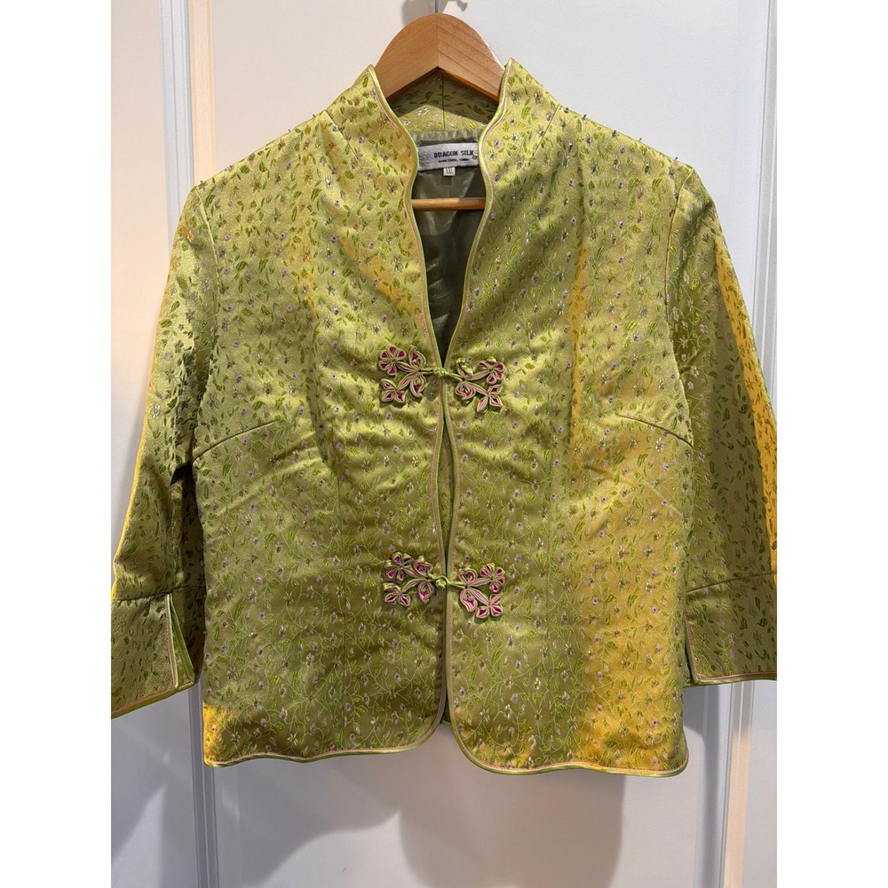 Dragon Silk Green Brocade Mandarin Jacket Pink Frog Closures XXL Floral Sequin